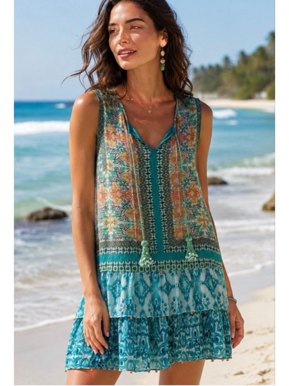HEMANT & NANDITA Teal Floral Silk Mini Dress XL
